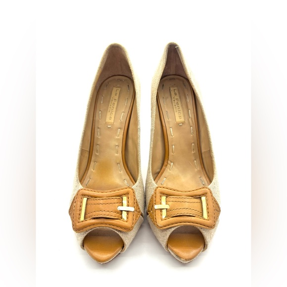 La Fenice Venezia Italian shoes - peep-toe linen and leather pumps - 7 - Picture 2 of 4